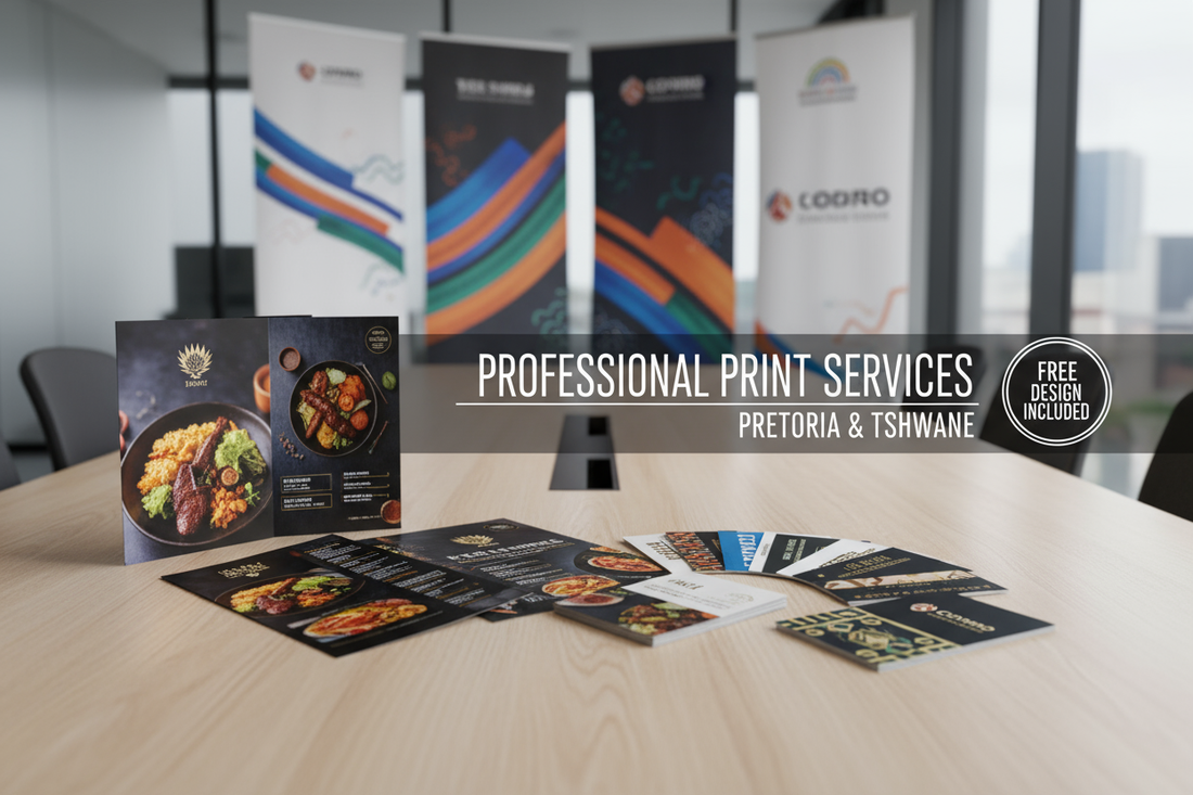 Professional print services in Pretoria Tshwane including business cards, restaurant menus, and banners with free design for local businesses