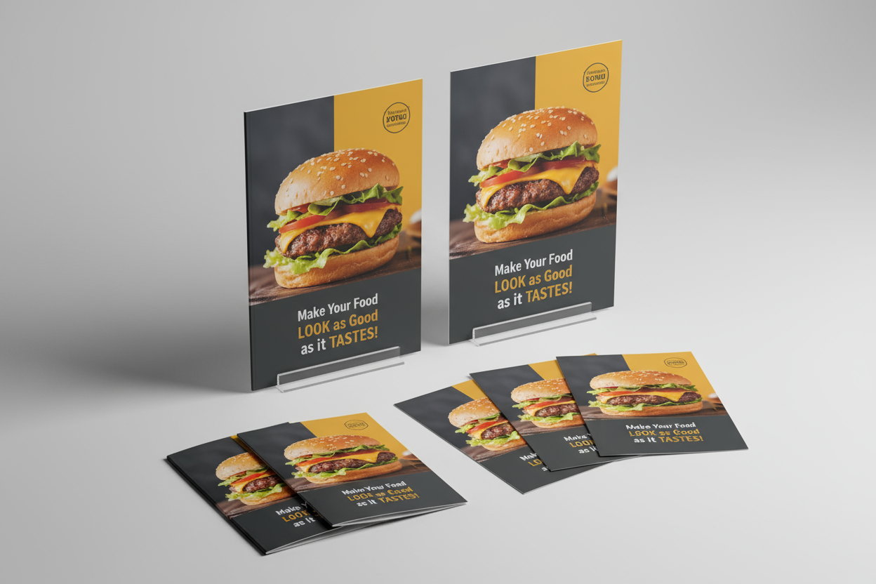 Plain mock-up of product photo 🍔 Make Your Food LOOK as Good as it TASTES!

✨ Complete restaurant marketing package with professional design – absolutely FREE!
What's Included:

✓ 100 Folded Menus – A4 folded to A5, 170gsm gloss (perfect for tables and takeaways)
✓ 1,000 A5 Flyers – 115gsm gloss, ideal for promoting daily specials and takeaway deals
✓ 5 A3 Posters – 170gsm gloss for window displays and wall mounting
✓ Custom Design Service – One stunning design for all items (includes 2 free revisions)
Per