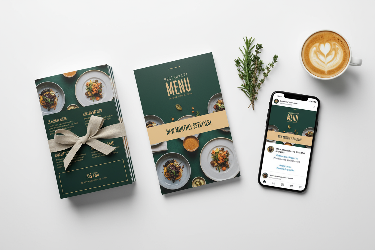 Product image for 🍽️ Set & Forget Monthly Menu Marketing!

✨ Fresh designs + prints + social media posts delivered automatically every month!
What You Get Every Month:

✓ 1 Fresh Menu Design – A4 folded to A5, 170gsm gloss with updated specials
✓ 50 Printed Copies – Delivered directly to your door, ready to use
✓ 1 Matching Social Media Post – Instagram/Facebook ready design to share online
Perfect For:

Cafés, food trucks, and takeaways who want to keep their specials fresh and exciting without the hassle